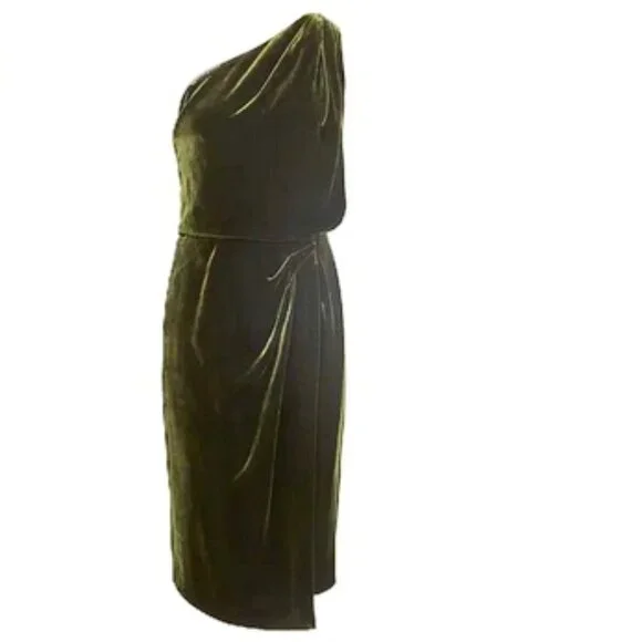 NWT Reiss EDEN Green Velvet One Shoulder Evening Cocktail Midi Dress Size 4 - Picture 3 of 8
